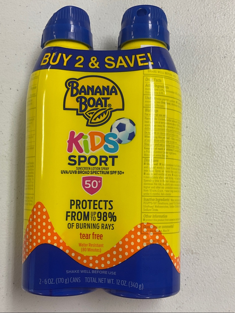 Banana Boat Kids Sport Sunscreen Spray SPF 50+ - Yellow & Blue Twin Pack